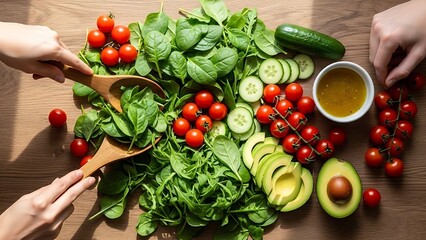 Fresh Meal Preparation: Hands mix spinach, tomatoes, cucumber, and avocado on a wooden table, creating a vibrant, healthy salad.