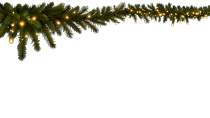 A pine garland and warm lights, hung on a transparent background, create a cozy, festive setting.