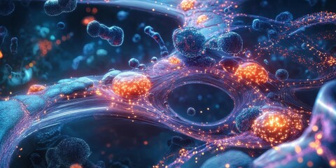 Explore Molecular structure with glowing particles and interconnected network