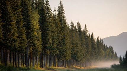 Obraz premium Dense row of pines forming a tranquil woodland corridor toward the horizon