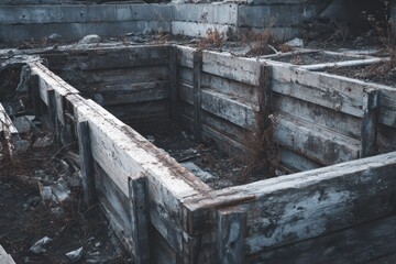 Derelict building project showing rusted rebar and decayed formwork in an empty foundation pit