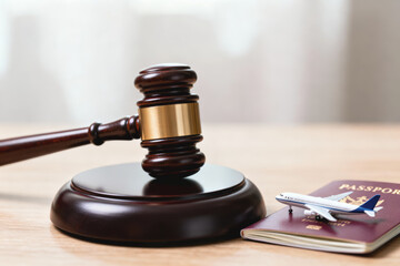 International travel insurance law concept with judge gavel passport and airplane for justice and legal regulation