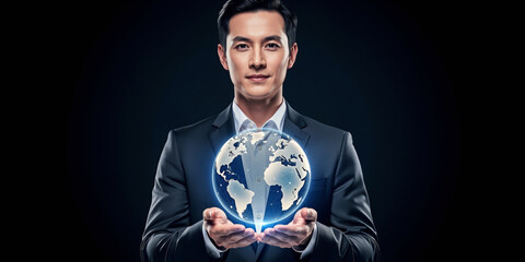 Confident businessman holding globe offers international travel insurance for secure global business network connection