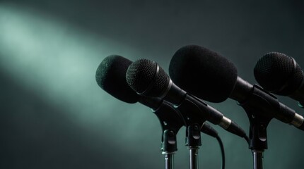Multiple microphones arranged on stands, illuminated by soft spotlight, creating a dramatic atmosphere for performance or public speaking event, showcasing audio equipment and stage setup
