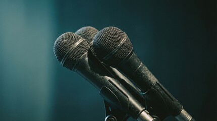 Three black microphones positioned closely together on a stand, showcasing their textured surfaces and metallic details, set against a softly illuminated background