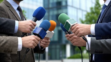 Group of journalists holding colorful microphones, preparing for a press conference outside a modern building, capturing the essence of media engagement and communication