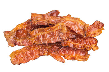 Streaky crispy bacon cooked to sizzling caramelized texture with pork notes and rich smoky taste great for breakfast and snack themes.