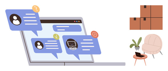 Laptop with chat bubbles, profile icons, and boxes in background conveying online support. Ideal for communication, business, technology, logistics, ecommerce, customer service virtual workspace