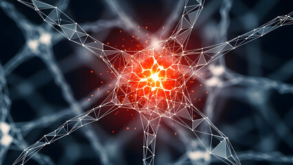Abstract digital neuron network structure with glowing red center