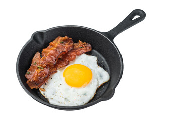 Crispy bacon and fried egg sizzling in cast iron skillet, golden textures and rich breakfast vibe perfect for protein and food themes.