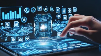 A hand interacts with a holographic interface displaying data visualizations and a central circuit board graphic. The image depicts a futuristic concept of data analysis and technology interaction. - Powered by Adobe