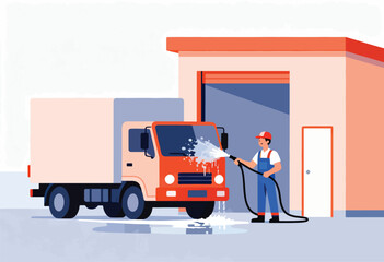 A worker washes a delivery truck with a hose at a garage. Stylized illustration with vibrant colors