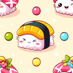Seamless pattern with cute sushi and roll in kawaii style. Endless texture can be used for textile pattern fills, t-shirt design, wrapping paper, web page background. Vector illustration EPS8