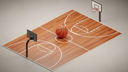 A 3D isometric rendering of a basketball court with a ball in the center and two hoops, showcasing the wooden floor and white lines.
