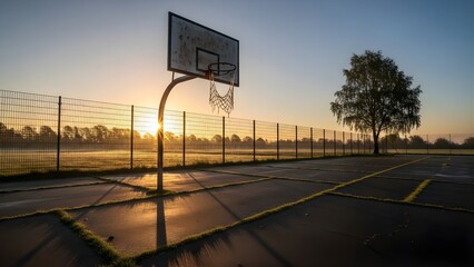 An outdoor basketball court at sunrise with a single hoop, long shadows, and a lone tree beside a fence.