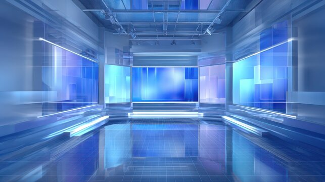 Digital illustration of a blue broadcast backdrop for on-air production with sleek technology visuals
