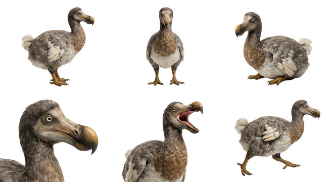 set of a dodo in different poses, standing, walking and sitting isolated on a transparent background