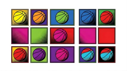 Pop art style grid of fifteen squares featuring colorful basketballs and solid color blocks.