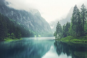 Lake Reflects Forest in Misty Morning Scenery with Serene Ambiance and Calmness