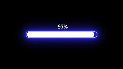 Glowing neon rectangle Loading icon animation from 0 to 97 percent on with transparent background. - Powered by Adobe