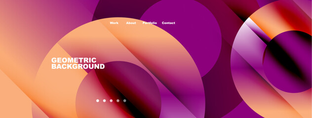 Abstract geometric background. Overlapping shapes create vibrant, modern design. Text elements present work, about, portfolio, contact.