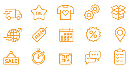 Set of e-commerce and shopping icons orange outline symbols for delivery sales and services isolated on white background