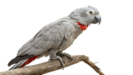 Naklejka premium Gray cockatoo with red neck on branch isolated cut out on PNG. AI GENERATED. 