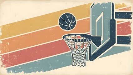 Retro vintage basketball hoop and ball with distressed striped background, a classic sports graphic.