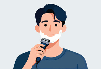 Naklejka premium A stylized illustration depicting a man shaving his face with an electric razor