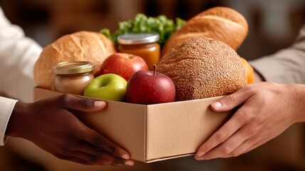 A person is holding a box of food, including apples, bread, and other items