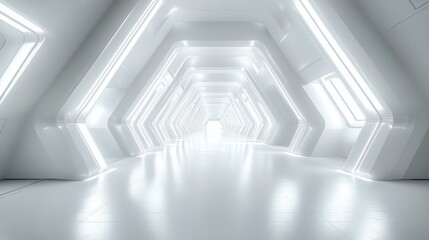 Minimalist futuristic white corridor with glowing walls and bright light, symbolizing innovation, high technology, architectural precision, and the infinite path of modern scientific progress.