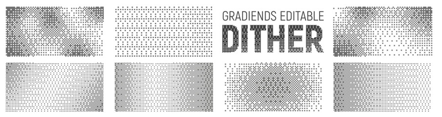 Dither pixel dotted overlay set, editable grayscale halftone gradient texture background vector and transparent PNG
