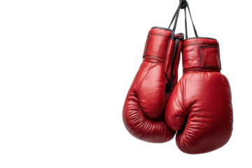 Pair of red leather boxing gloves hanging by black ropes against a black background sport, Isolated On White Background, Png Transparent