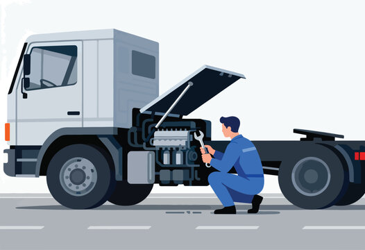 A mechanic in blue overalls kneels, fixing a truck's engine with a wrench. The hood is open