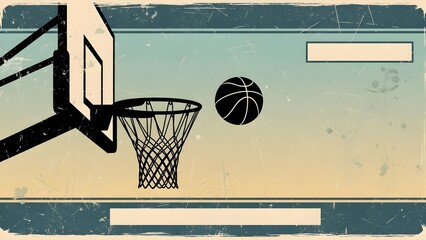 Retro style illustration of a basketball hoop and a ball in mid-air on a court with distressed textures.