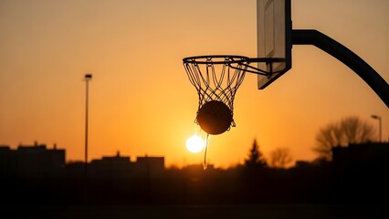 Basketball going through the net during a beautiful sunset with silhouettes of the city in the background.