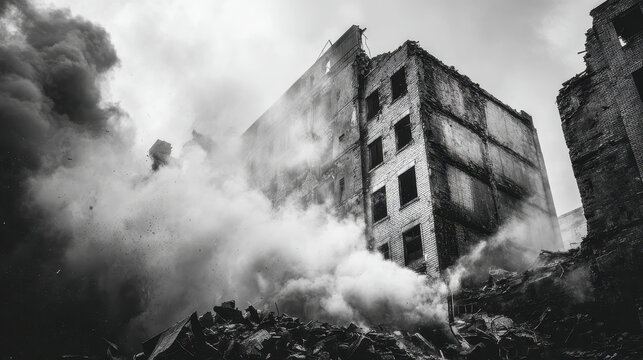 Black and white photo of an old abandoned building crumbling with smoke and dust rising from the debris and rubble scattered around in a dramatic scene of destruction
