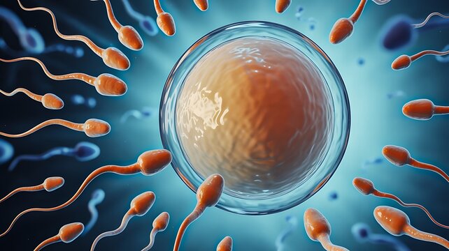 Human fertilization concept showing sperm cells surrounding and approaching an egg cell in a biological 3D illustration