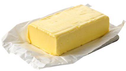Yellow butter block unwrapped in foil isolated cut out on PNG. AI GENERATED.
