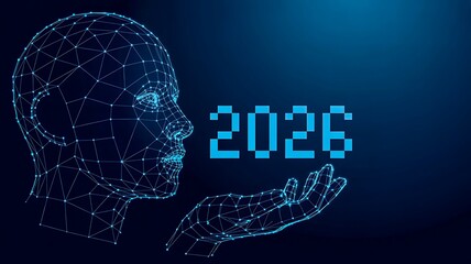 Futuristic wireframe human head holding digital 2026 text, symbolizing artificial intelligence, technology trends, and future innovation