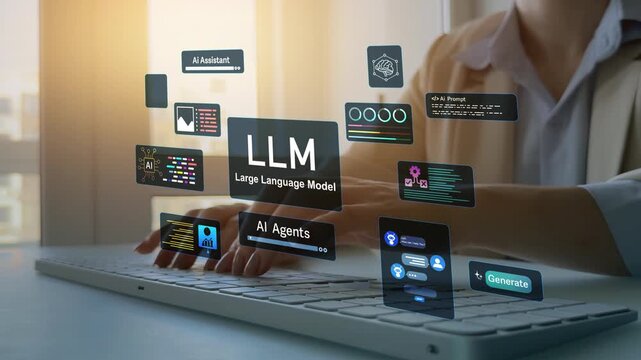 Large language model(LLM) with AI technology.User working on laptop in LLM,Data performrange language tasks,answering questions, summarizing information, translating languages, writing code.	

