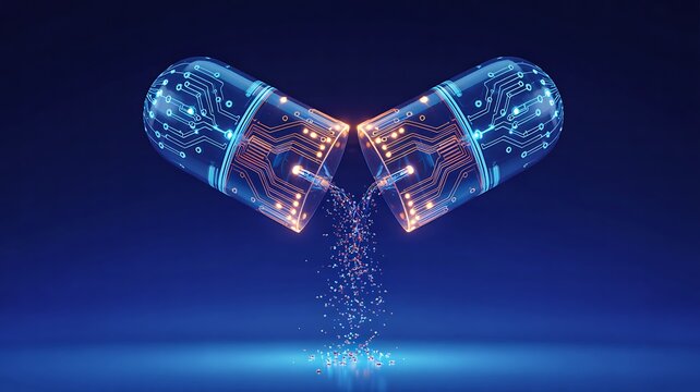 Futuristic digital capsule with glowing circuitry releasing particles, symbolizing advanced medicine, biotechnology, and AI-driven pharmaceuticals