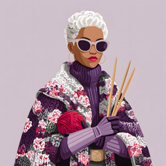  Stylish Black woman with white curly hair and sunglasses holding knitting needles and a red yarn ball