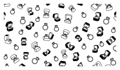 Seamless pattern with diamond engagement rings and jewelry boxes Vector black and white line art background