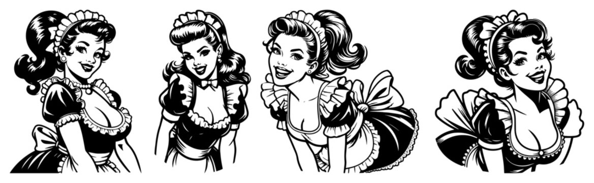 Retro pin-up girl character set wearing maid uniform in black and white style