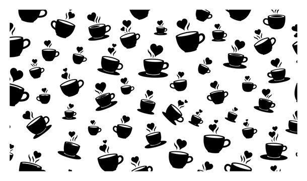 Seamless vector pattern with black coffee cup silhouettes and hearts monochrome background texture