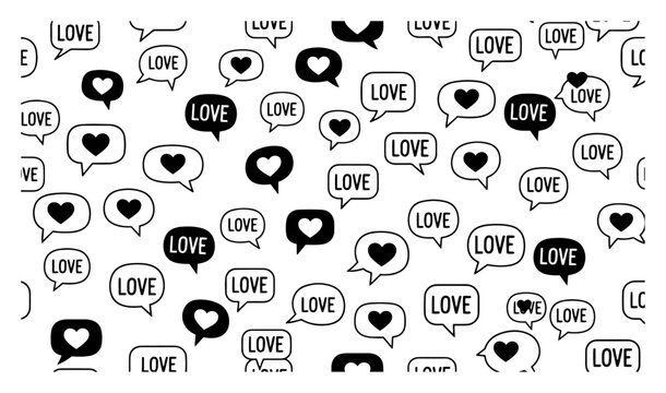 Seamless pattern with love speech bubbles and hearts black and white vector background with chat icons