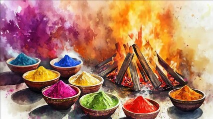 Colorful bowls of colored powders with a glowing fire behind them, a festive or spiritual setting.