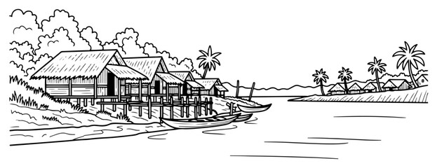 Fototapeta premium Tropical village landscape with stilt houses and boats on river black and white vector illustration
