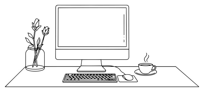 Minimalist workspace line art illustration with computer monitor keyboard coffee cup and flowers on desk